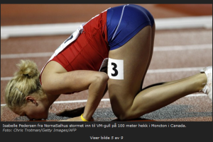 Det originale pressebildet av verdensmester i 100 m hekk for kvinner i ungdoms-VM, Isabelle Pedersen (18)